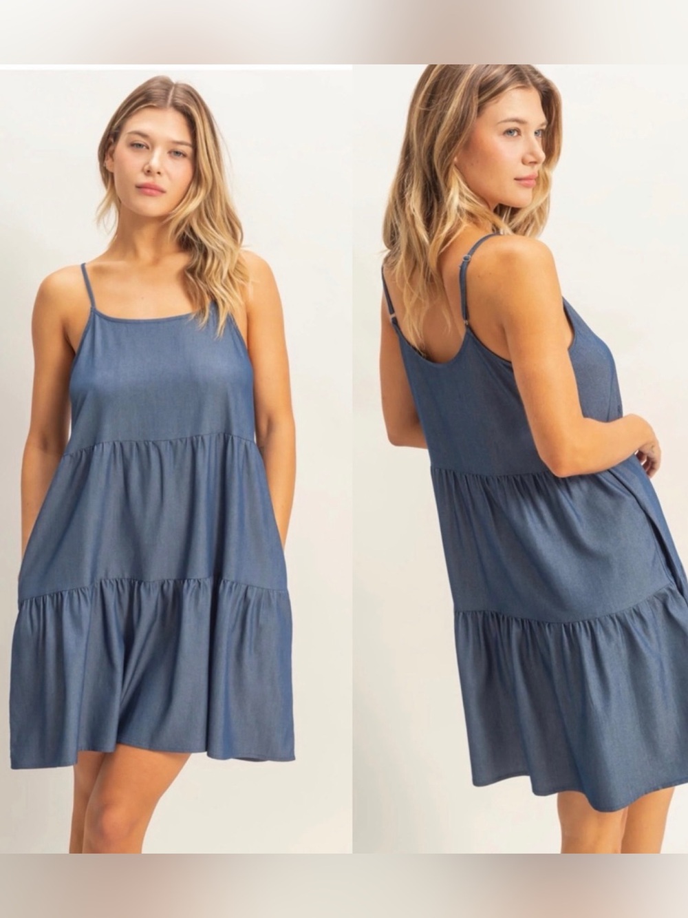 NEW HYFVE Blue Tiered Mini Dress Spaghetti Strap Flowy Casual Dress Large